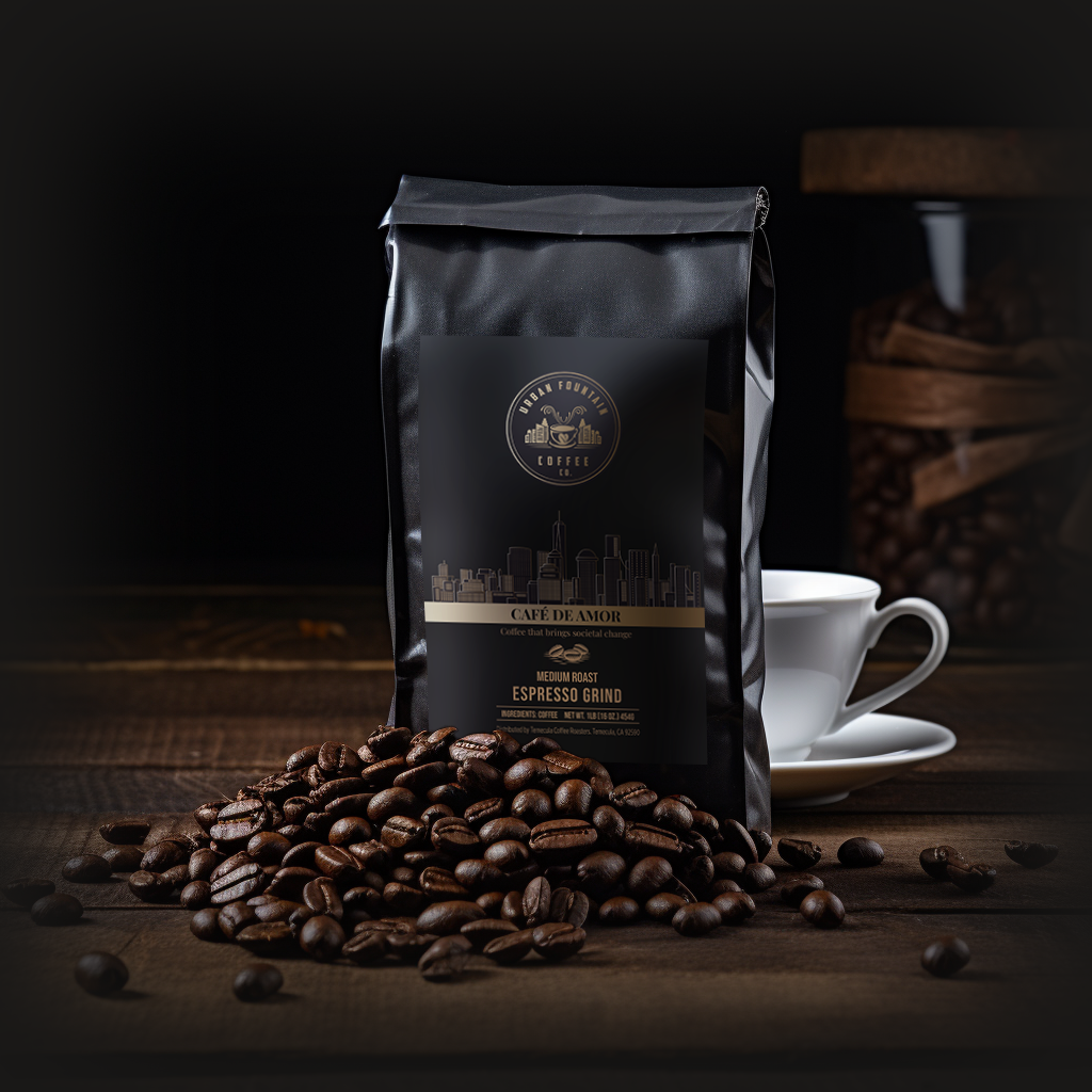 1 pound bag of our Café de Amor Espresso Grind Specialty Coffee sourced from Medellin, Antioquia, Colombia