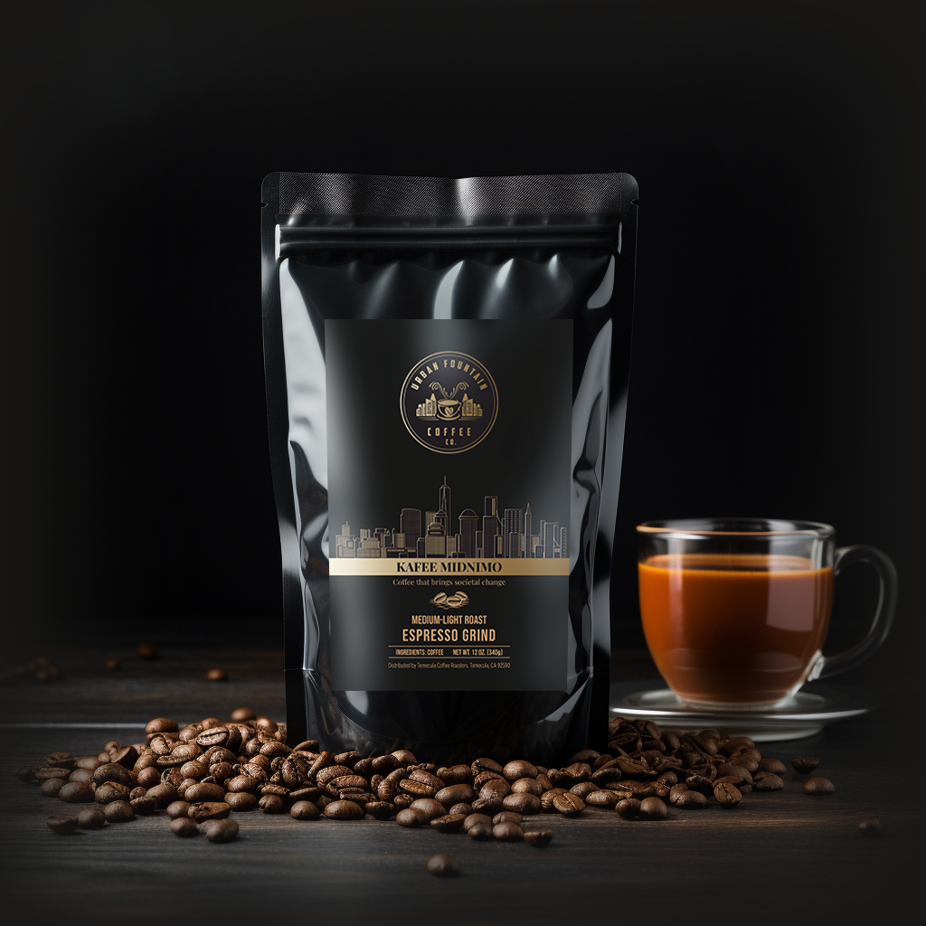 12 ounce bag of our Kafee Midnimo Espresso Grind Specialty Blend Coffee sourced from Sidama Zone, Ethiopia