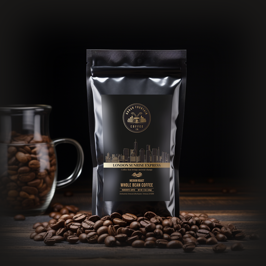 12 ounce bag of our London Sunrise Express Extra Caffeine Whole Bean Specialty Blend Coffee sourced from South America
