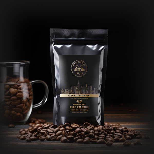 12 ounce bag of our Midnight Symphony Whole Bean Specialty Blend Coffee sourced globally