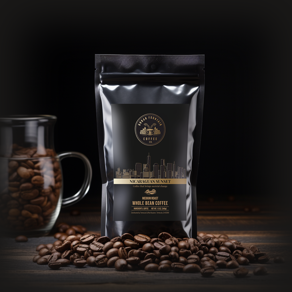 12 ounce bag of Nicaraguan Sunset Whole Bean Coffee from Nicaragua.